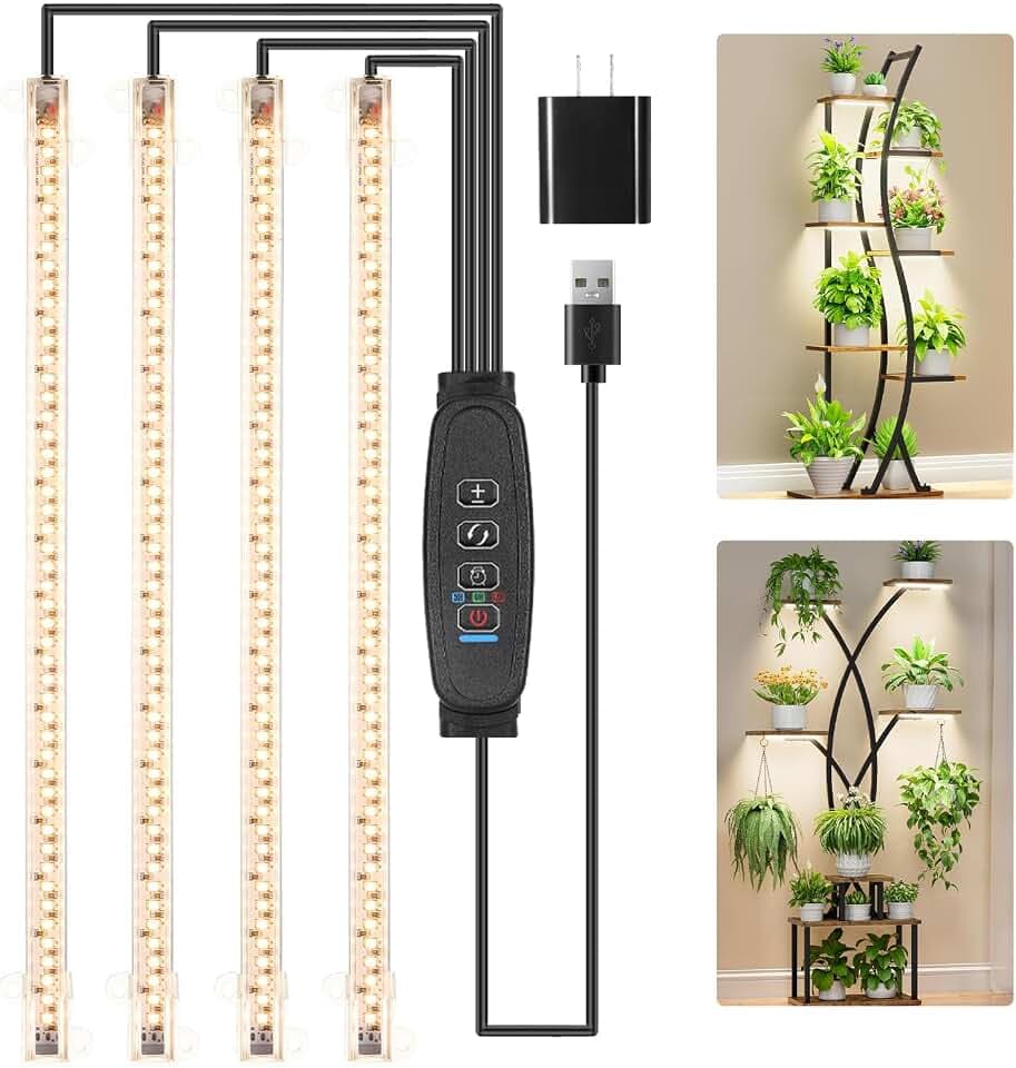 RWNTAO LED Plant Growing Lamp Strips, Full Spectrum 3500K Grow Light for Indoor Plants with 3/9/12H Timer and 10 Dimmable Levels for Green House Hydroponics Succulent, 4 Head 13 Inches