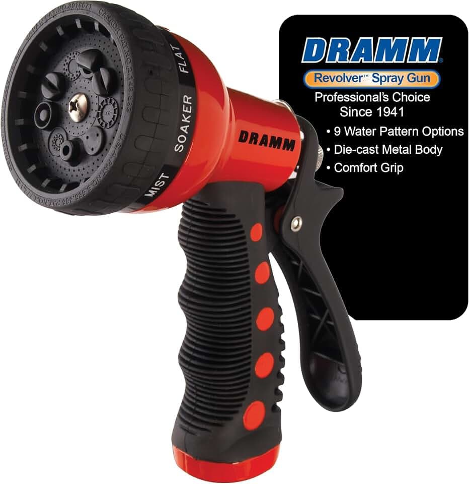 Dramm Revolver Heavy Duty Metal Garden Hose Nozzle – 9 Spray Patterns, High Pressure Jet, Thumb-Control Flow, Ergonomic Grip – Red