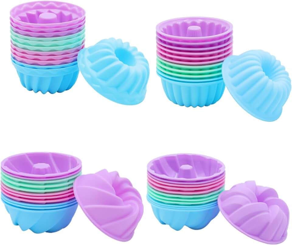 Tongjude 48 Pieces Donut Mold, 2.75" Diameter 0.98" Deep Mini Reusable Baking Cups, Non-Stick, 4 Shape Silicone Molds, Heat Resistant Bakeware for Bagel, Muffin, Jello and Cake Baking