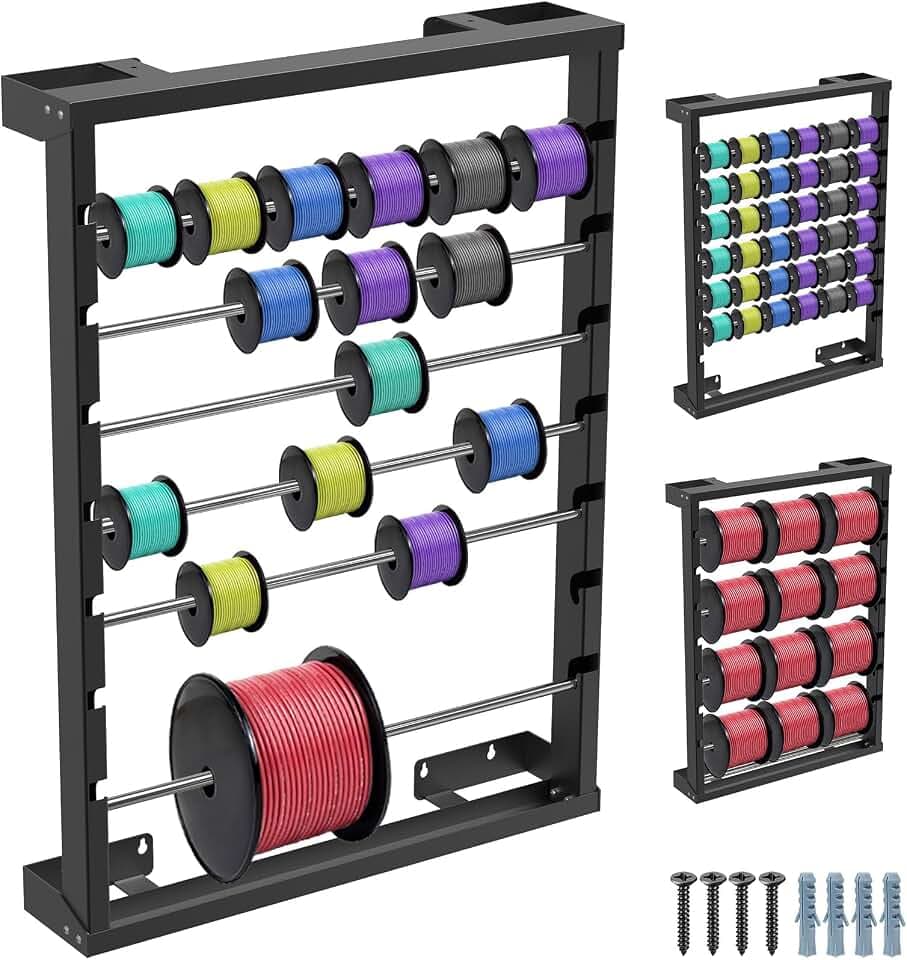 SELEWARE Wall Mount Wire Spool Rack, Cable Dispenser with 6 Adjustable Rods