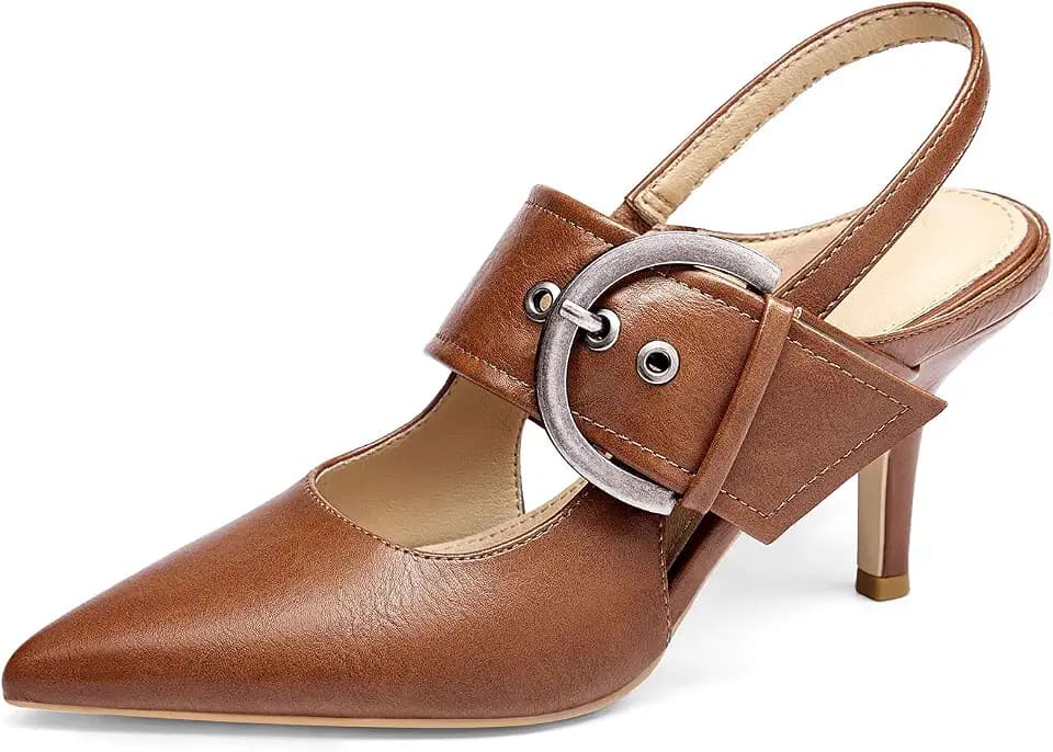 Coutgo Womens Slingback Pumps Closed Pointed Toe High Heels Belt Buckle Strap Dressy Work Shoes