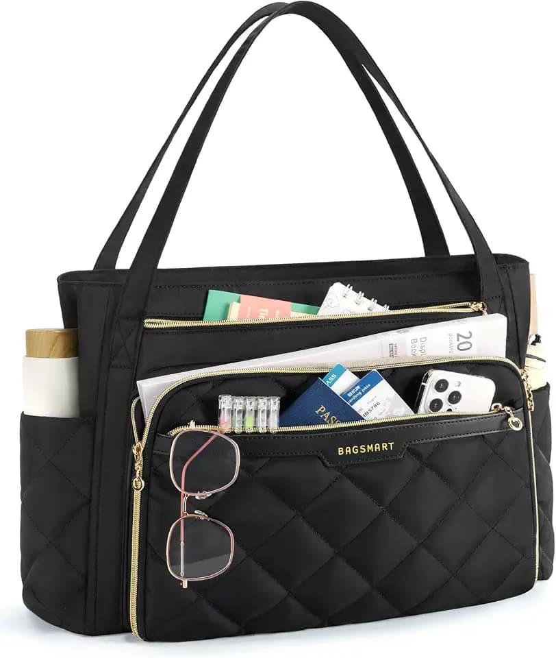 BAGSMART Teacher Tote Bag for Women 15.6in Quilted with Insulated Pocket & Nurse Bag Features (Black)