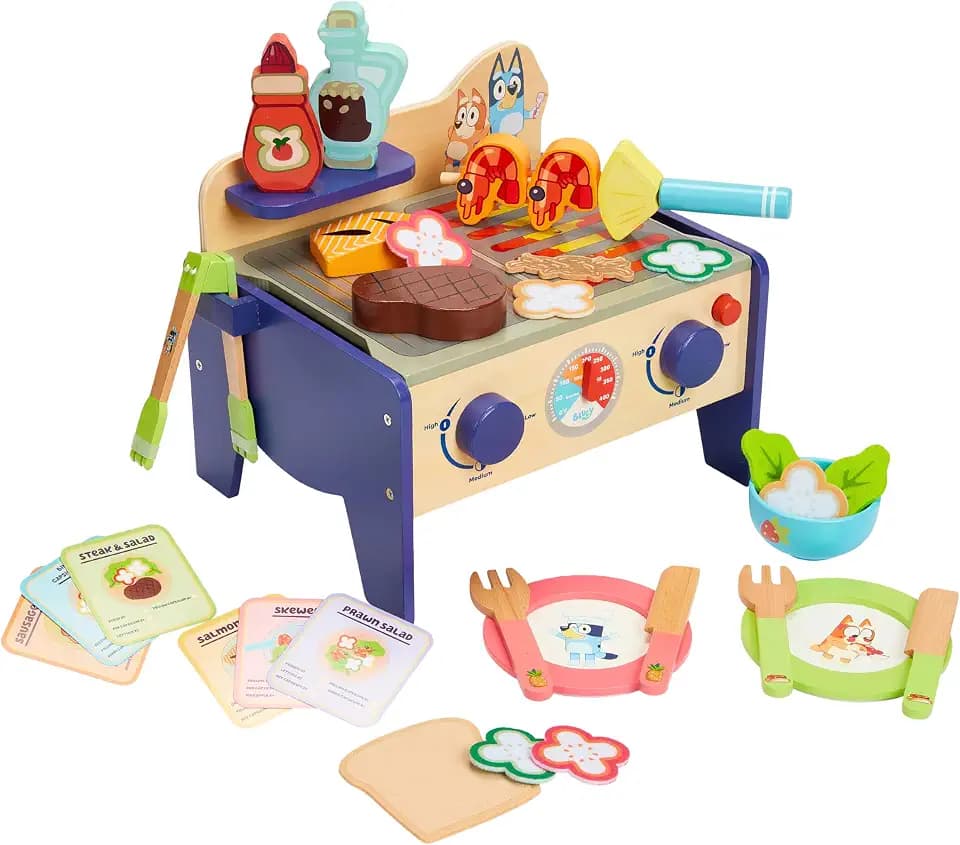 Bluey 8th Wonder Wooden Salad & BBQ Grill Toy Set, 33-Piece Play BBQ Food Set with Tongs, Food, and 6 Recipe Cards, Kitchen Toys for Kids Ages 3+