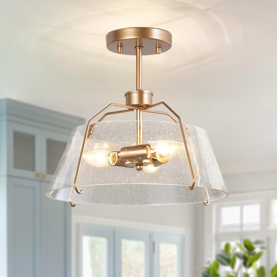 LALUZ Gold Semi Flush Mount Ceiling Light, Seeded Glass Hallway Ceiling Light Fixture for Bedroom, Kitchen, Foyer and Dining Room