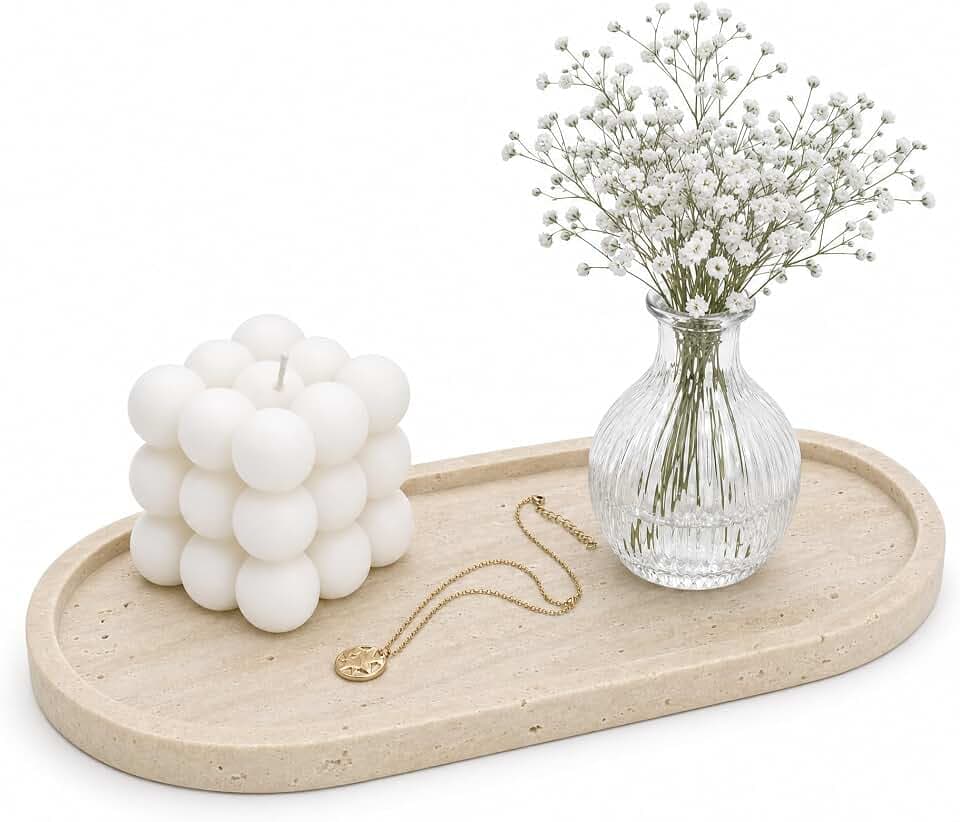 Real Natural Marble & Travertine Vanity Tray, 12" Decorative Stone Tray for Bathroom Counter, Genuine Marble Serving Tray for Jewelry, Perfume, Candles
