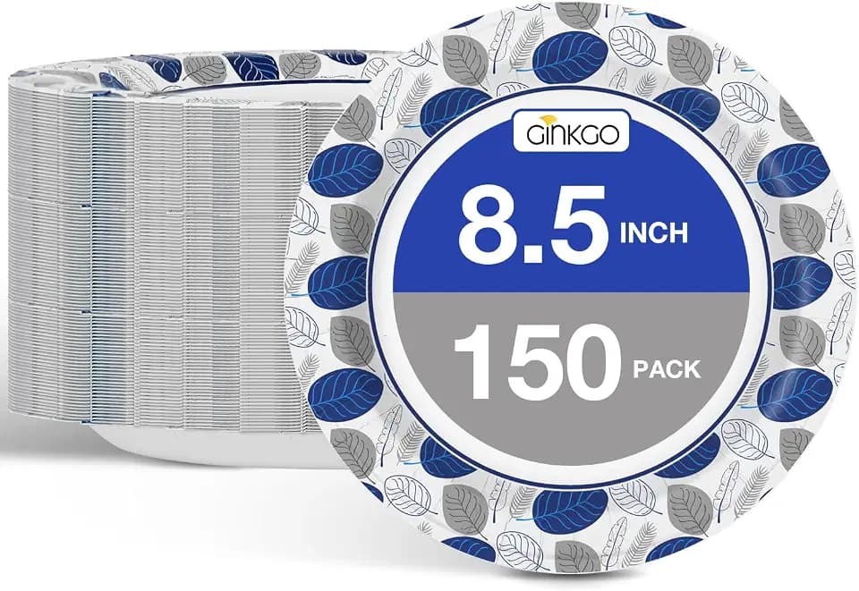 Ginkgo 150 Count Disposable Paper Plates 8.5 Inch Bulk