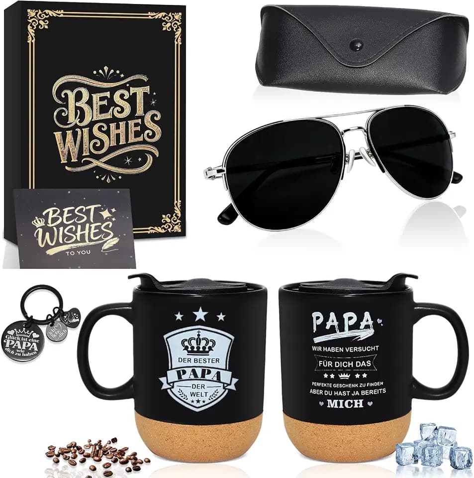 Personalisiertes Vatertagsgeschenk für Papa, Bester Papa Geschenke mit Tasse Sonnenbrille Brillenetui Schlüsselanhänger Vatertag Grußkarte, Geschenk Vatertag, Weihnachtsgeschenke für Männer
