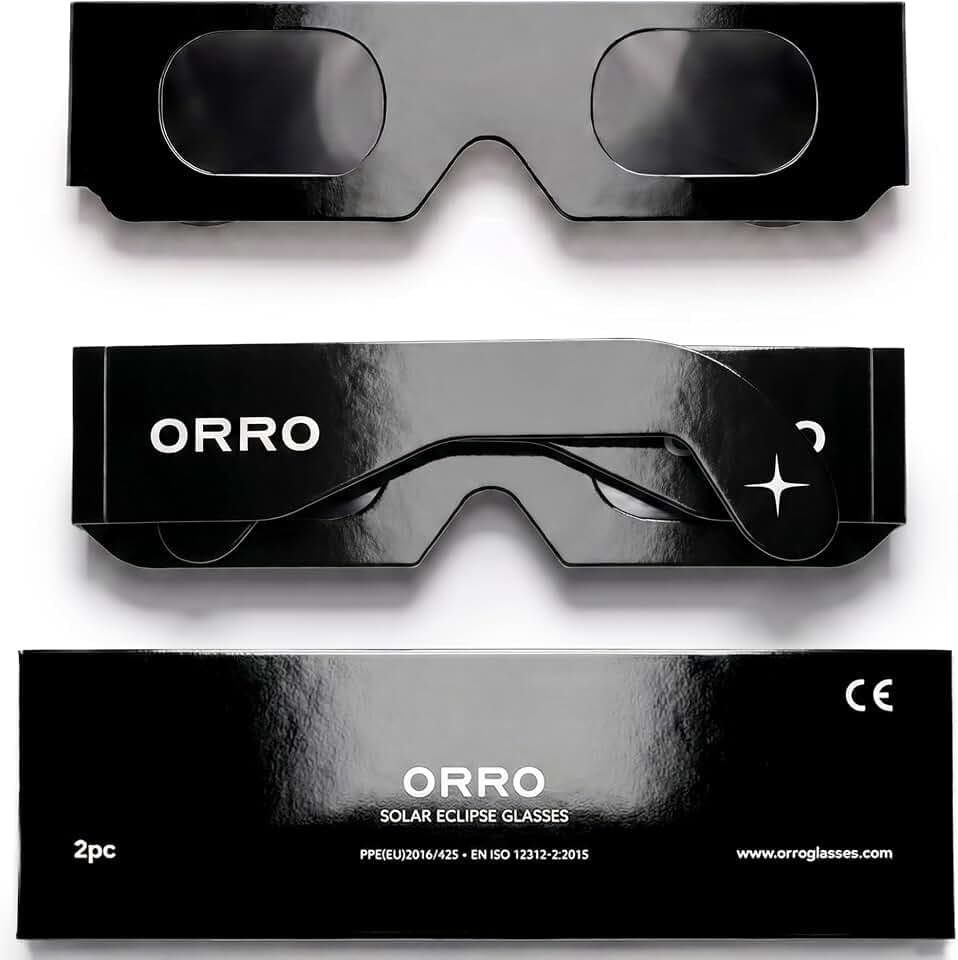 ORRO Sonnenfinsternis-Brillen 40 mm, 2er-/6er-/12er-Pack, Schwarz, Zertifizierter Augenschutz, EN ISO 12312-2:2015 geprüft, CE-gekennzeichnet für direkte Sonnenbeobachtung – Moderne Passform