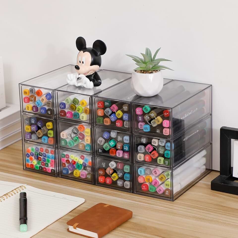 Clear Desk Drawers Organizer, 4 Pack, 12 Drawers, Plastic