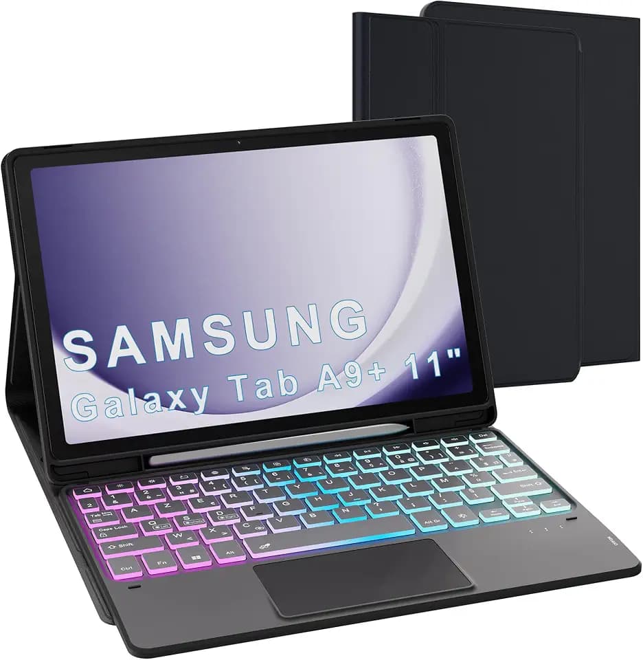 Schutzhülle für Samsung Galaxy Tab A9 + 11 Zoll mit abnehmbarer Tastatur – Französische AZERTY-Tastatur, 3 Zonen, 7 Farben, DIY mit Touchpad – Tastaturhülle für Galaxy Tab A9 Plus 11 Zoll 2023