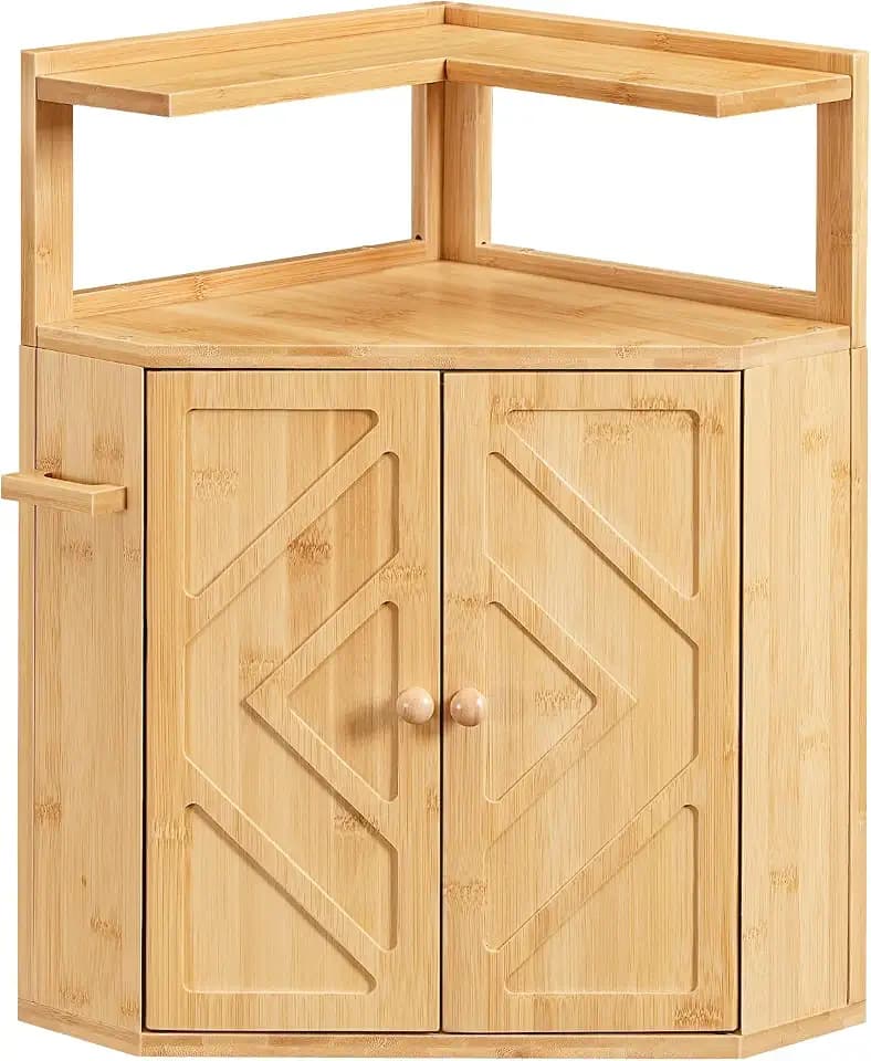 HOOBRO Bamboo Bread Box, Corner Bread Box for Kitchen Countertop, Large Capacity 2-Tier Bread Container, Bread Storage Container with Removable Shelf and Clip Holder, for Dining Room, Natural YL17MB01