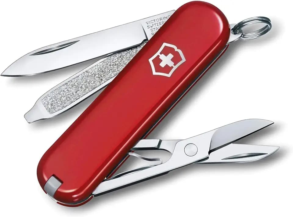 Victorinox Taschenmesser Classic SD, Klein, 7 Funktionen, Swiss Made, Multitool mit Klinge, Nagelfeile, Schraubendreher 2,5 mm, Schere, Rot