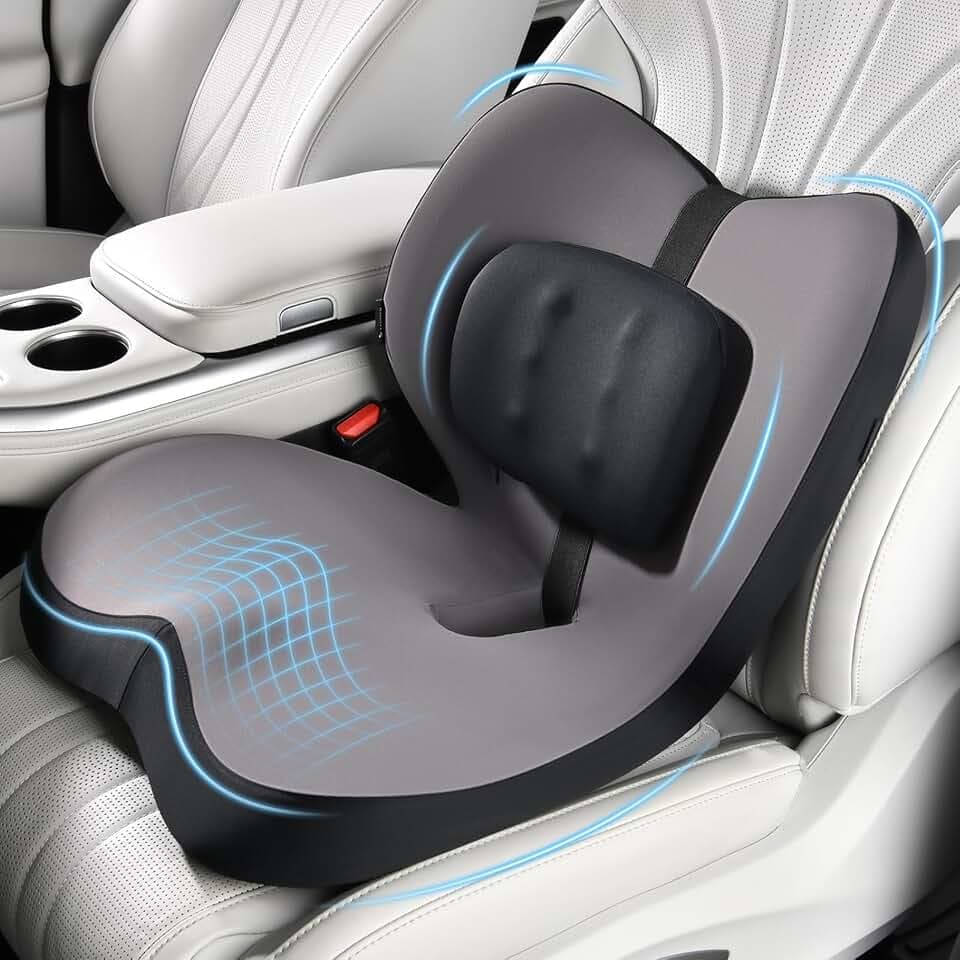 FLORICH 2 in1 Truck Seat Cushion and Lumbar Support Pillow Memory Foam Car Seat Cushion with Adjustable Strap for Truck Driver Long Drives, Fits Semi Truck Seat,Car,Office&Gaming Chair(Light Black)