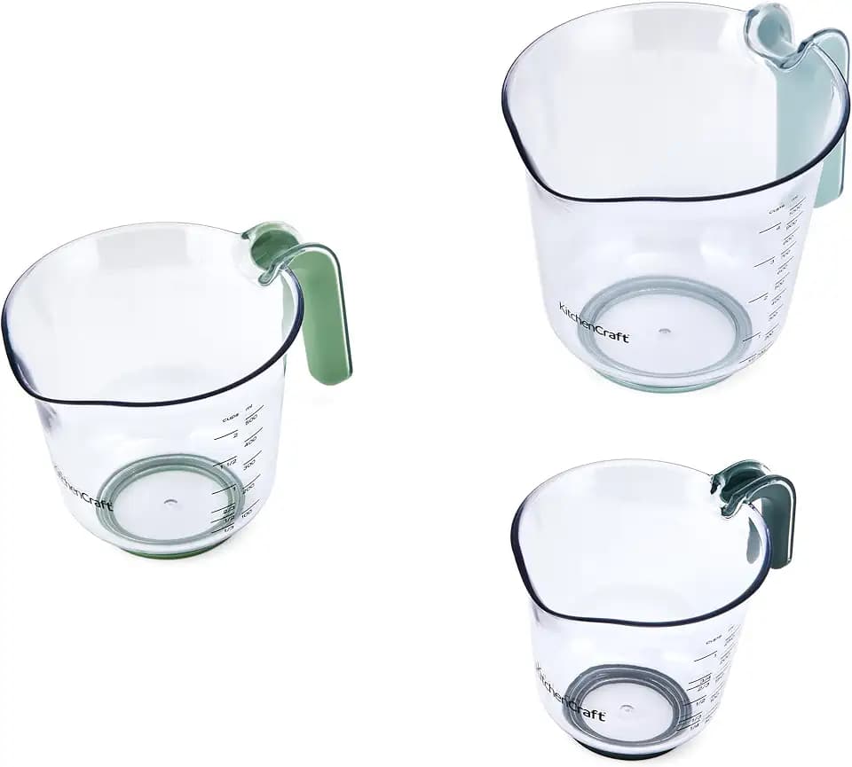 KitchenCraft 3-teiliges Messbecher-Set mit grünen und blauen Griffen, platzsparende stapelbare Becher für trockene und flüssige Zutaten, Kochen, Backen, Servieren