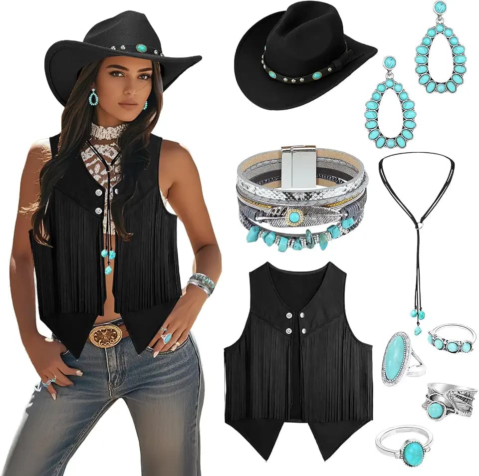 Cowgirl-Outfits für Damen, Western-Kostüm-Zubehör mit Quaste, Weste, Cowboyhut, Türkis, Halskette, Armbänder, Ring für Halloween, Cosplay, Hippie-Party