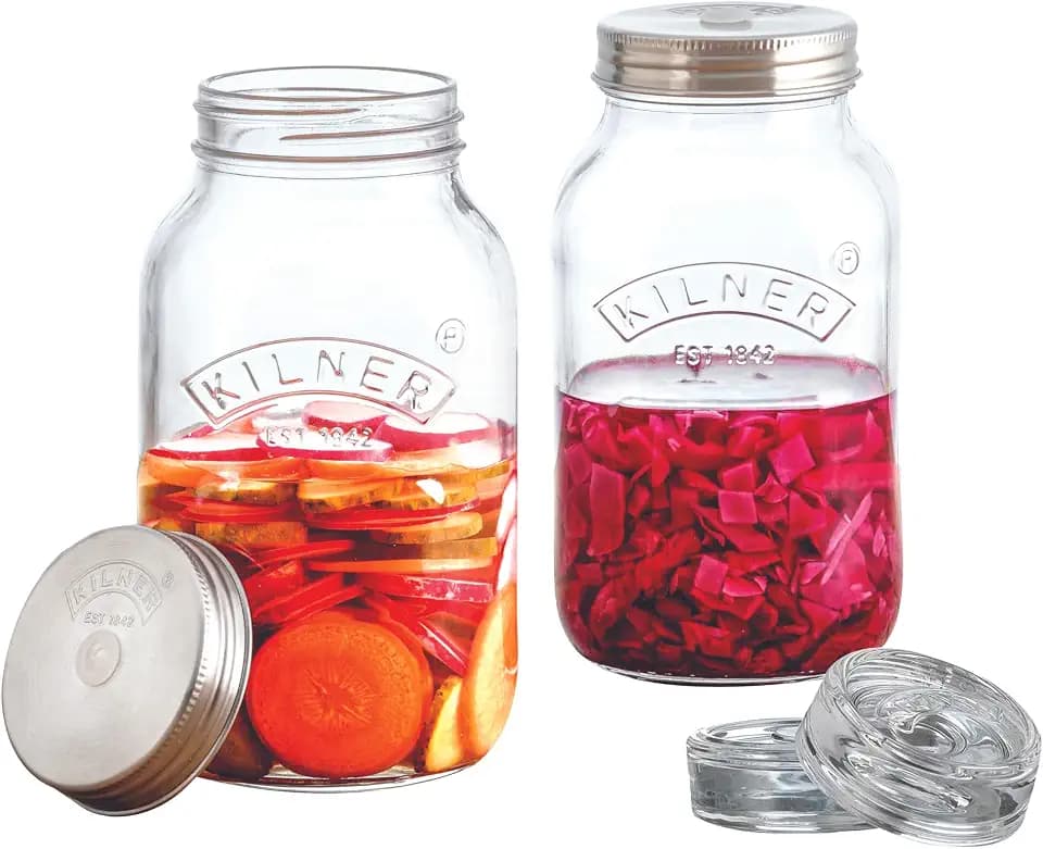 Kilner Fermentier Set | 2x 1 Liter Glas mit Gärungsdeckel | einfaches Haltbarmachen von Gemüse | Fermentieren Starter Set | Konservieren von Gemüse, wie Sauerkraut und Kimchi | Einmachglas 1l