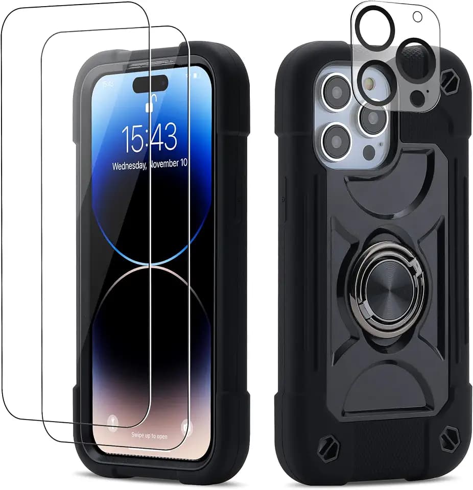 for iPhone 14 Pro Case 6.1 Inch with Ring Stand, with 2 Pack Glass Screen Protector + 1 Pack Camera Lens Protector,Heavy-Duty Shockproof Military Grade Rugged Cover (Black)