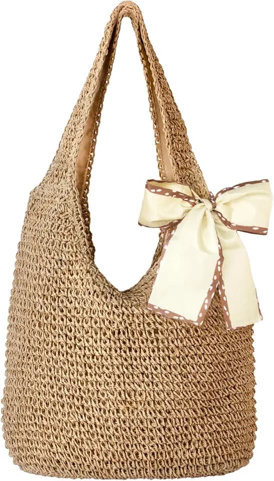 Beach Bag Straw Tote Women: Large Boho Handwoven Summer Zipper Bag with Bow
