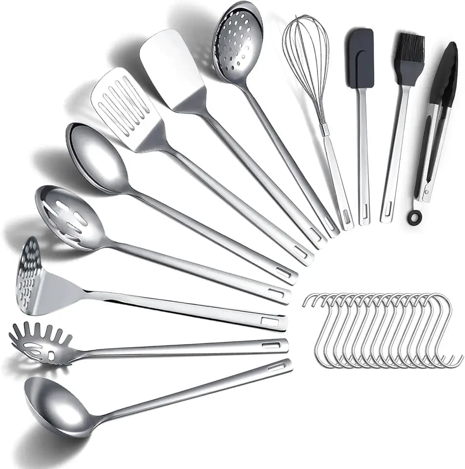 Edelstahl-Kochutensilien-Set 26-teilig, robustes Küchenwerkzeug-Set mit Haken, Metallspatel-Set, langlebige hochglanzpolierte Küchenutensilien für alle Kochaufgaben