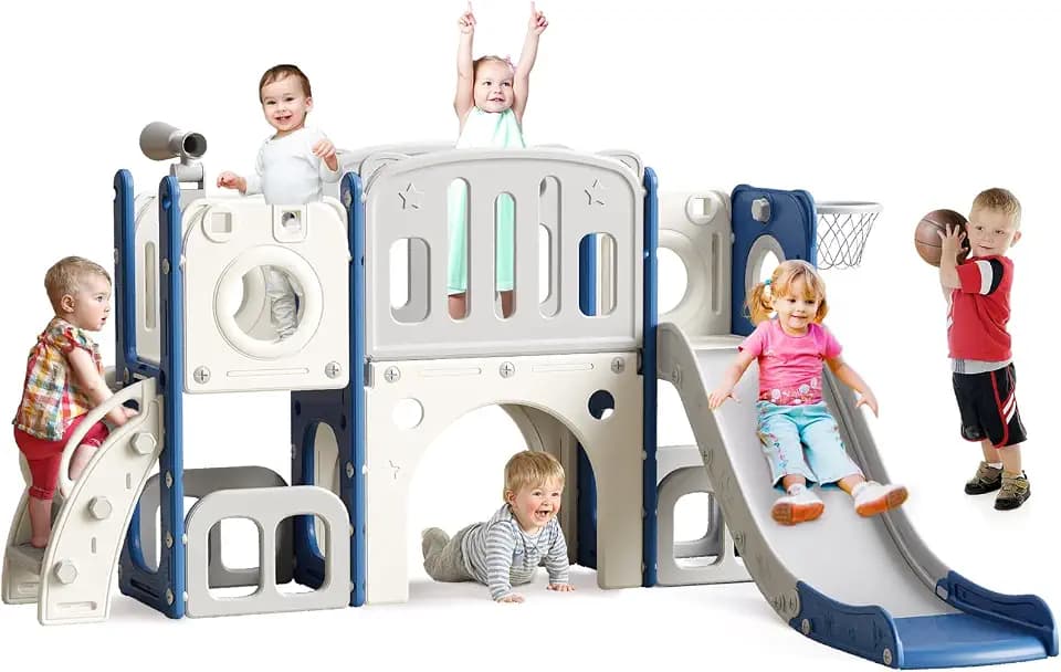 8-in-1 Toddler Climber and Slide Playset with Basketball Hoop - Indoor/Outdoor Playground Gym Activity Center for Kids