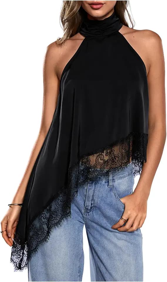 Milumia Women's Halter Neck Top Lace Asymmetrical Hem Going Out Tank Tops