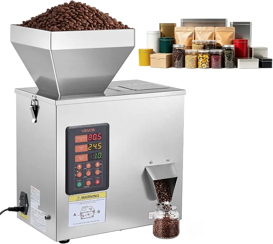 VEVOR Powder Filling Machine, 1-99.9g (0.002-0.22lbs) Automatic Particle Dispenser, High Accuracy, Stainless Steel, Intelligent Weighing Dispensing Filler for Coffee Beans, Grains, Tea, Spices, Silver