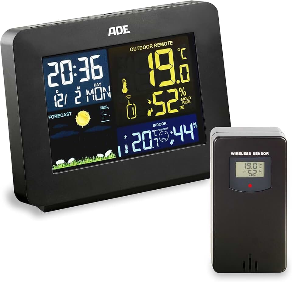ADE Wetterstation WS1917 mit Funk-Außensensor animierter Wettervorhersage, großer LCD-Display mit Innen- und Außenhygrometer, sowie Datums- und Wochentaganzeige