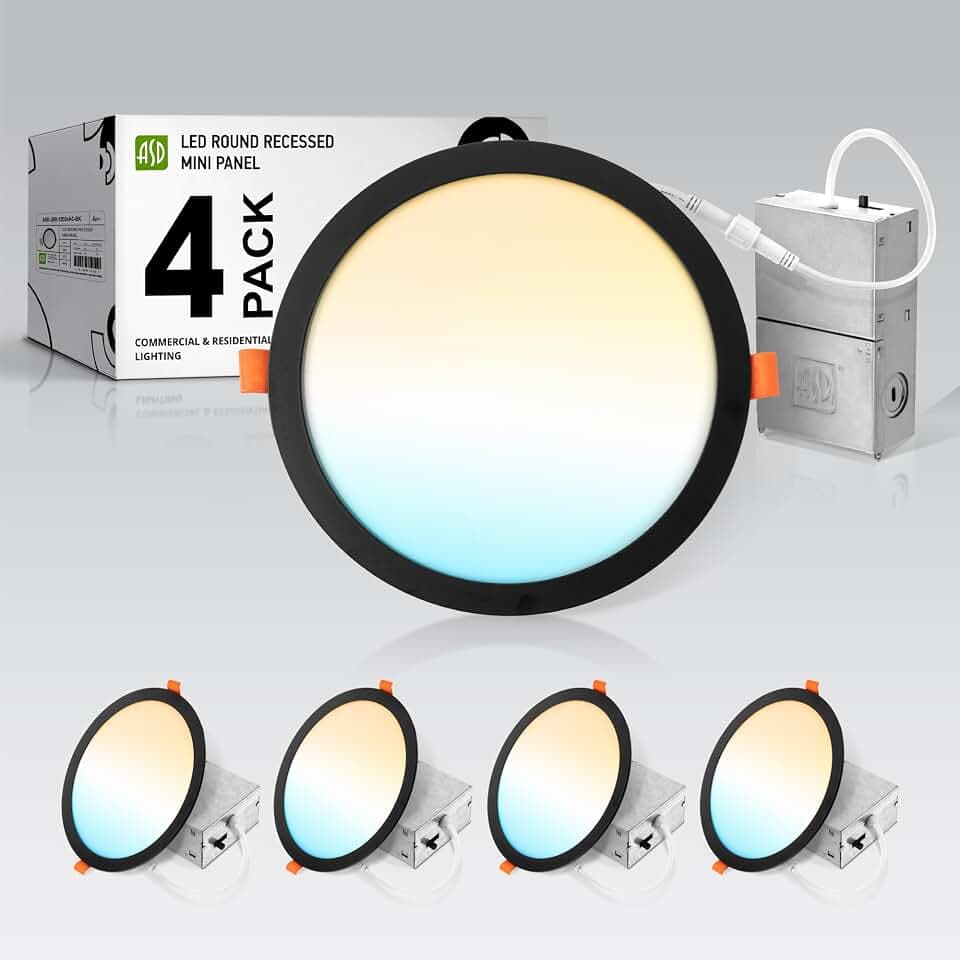 ASD 4 Pack 11/12 Inch LED Recessed Lighting 24W, 5 CCT 2700K-5000K CRI90+, IC Rated Ultra Thin Dimmable Ceiling Lights with J Box, Canless Wafer Downlight, Round Slim Panel Light, UL Listed, Black