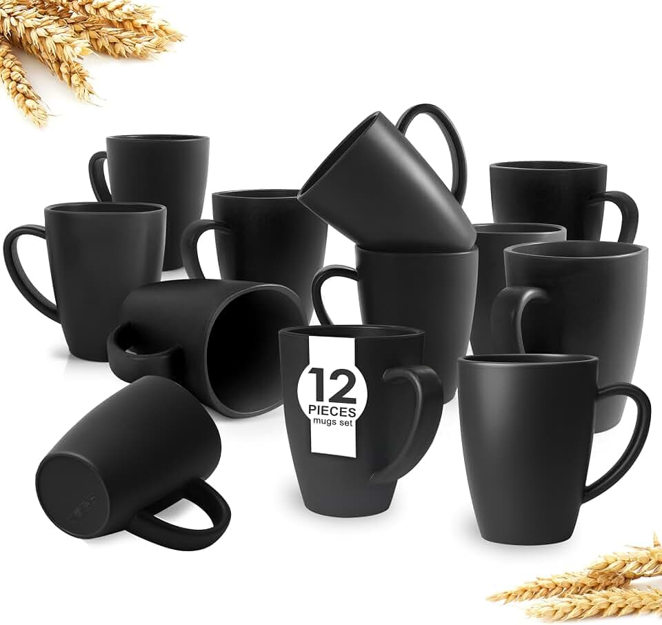 Teivio 12 Pack Plastic Wheat Straw Cups with Handle,Plastic 13.5 oz Squircle Mugs, Reusable Unbreakable Drinking Water Tumblers for Adults, Kids, Coffee, Camping,RV, Dishwasher Safe, Black