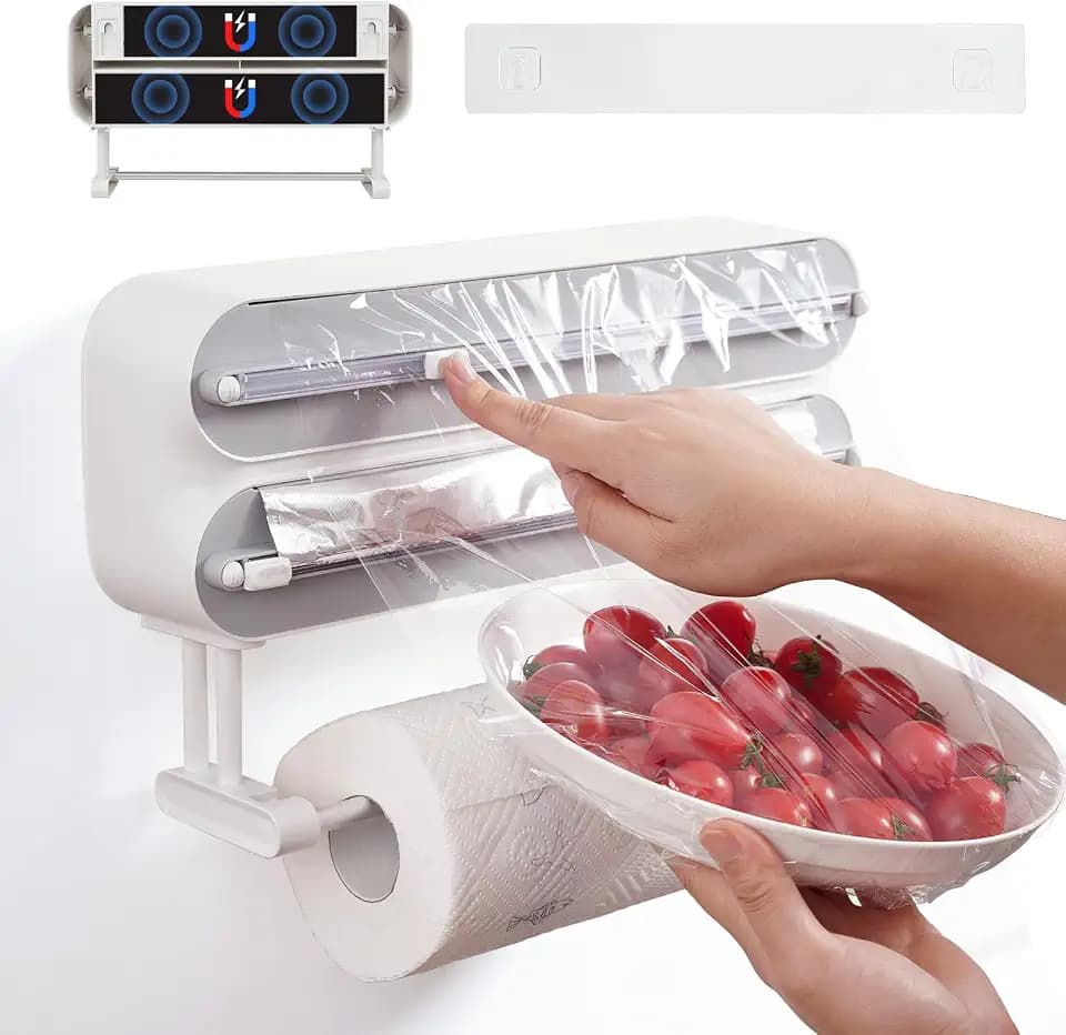 DBREAKS Wandrollenhalter Küche 3 Rollen, küchenrollenhalter magnetisch, Frischhaltefolie Schneider, Frischhaltefolienspender, Alufolie Spender, Folien Papierrollenhalter, Mit Frischhaltefolie