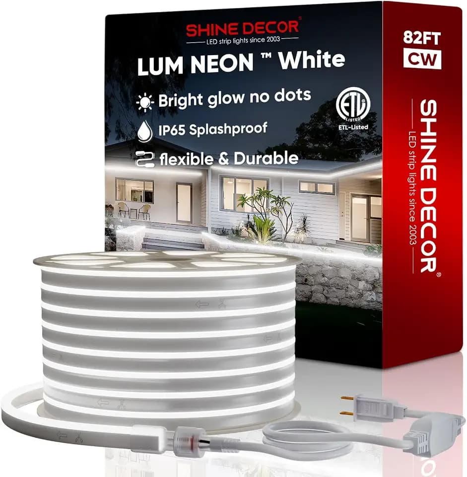 Shine Decor 82FT/25M LED Neon Rope Lights, Cool White AC 110V-120V Neon LED Strip Lights, Flexible Waterproof SMD2835 120LEDs/M Indoor Outdoor Ropes Lights, Bright Ambient Lighting Decoration