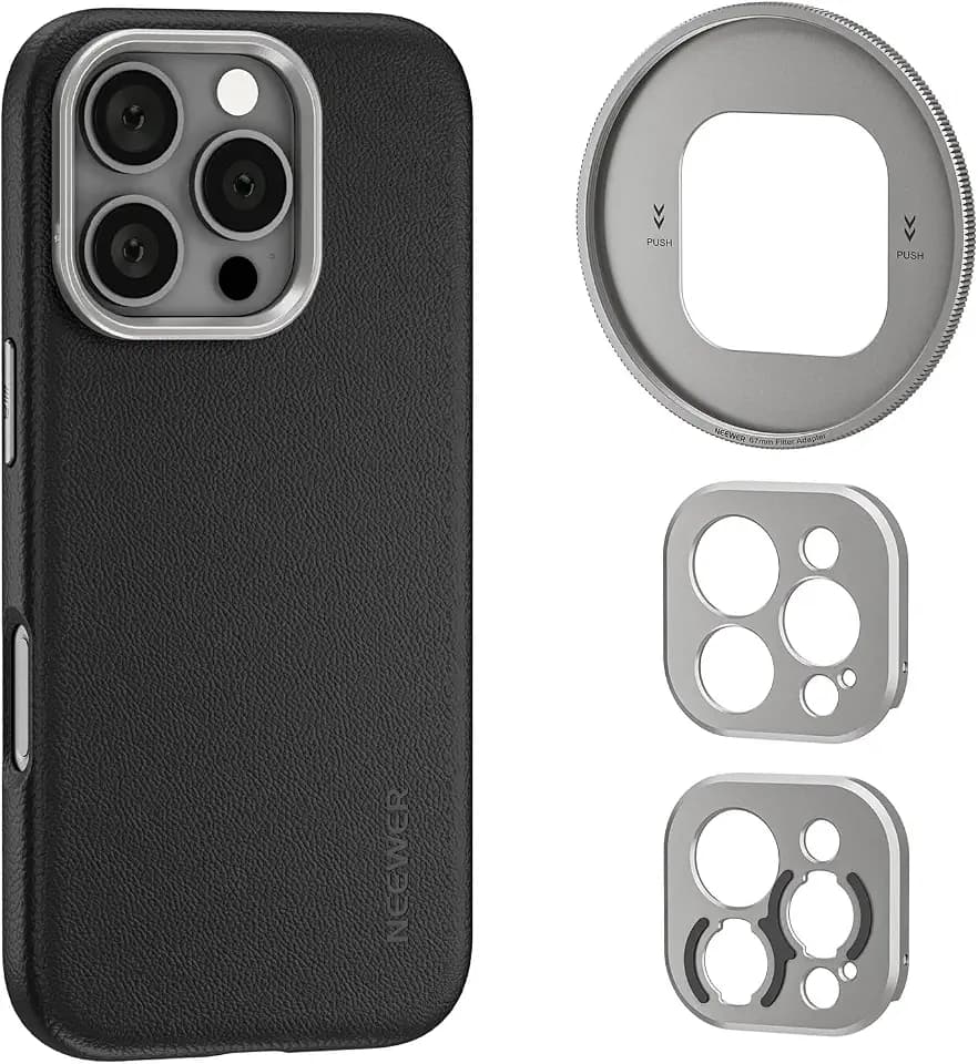 NEEWER Phone Case for 16 Pro, TPU/PC Nonslip Protective Phone Cover with Modular Backplates for 67mm Thread Filter/17mm Lens/T Mount Lens, Compatible with iPhone 16 Pro MagSafe Moment, PA083P Black