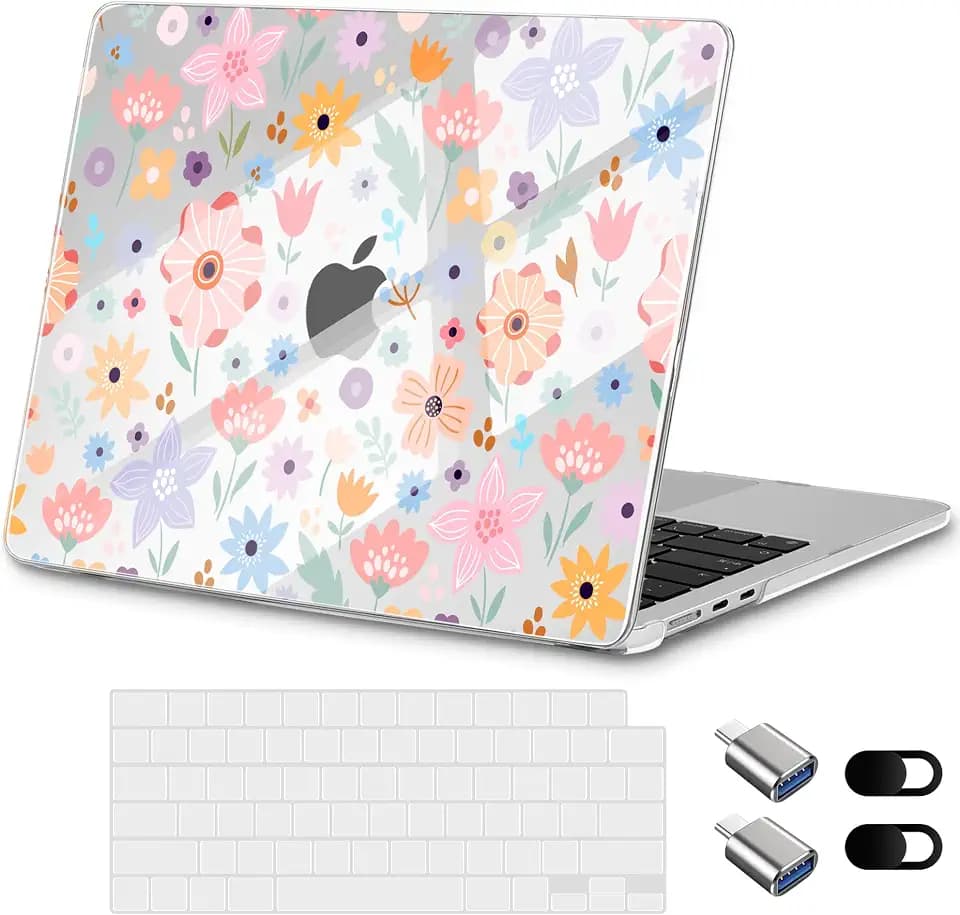 for New MacBook Air 13 inch Case 2026 M5 2025 M4 2024 M3 Chip– Aesthetic Lightweight Floral Design Clear Hard Shell 6-in-1 Bundle with TPU Keyboard Cover & 2X OTG Adapters, Colorful Flowers