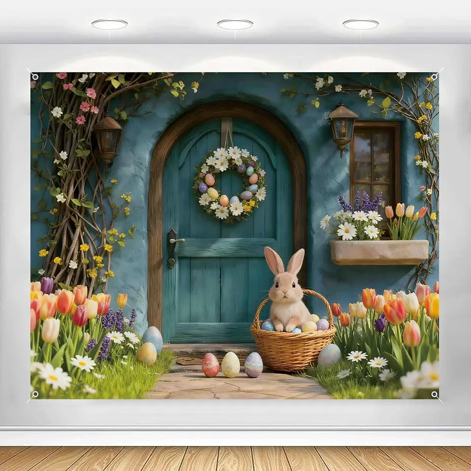 Spring Easter Backdrop 10x8ft Garden Floral Flowers Tulip Bunny Photography Background Colorful Eggs Rabbit Banner Decorations Photoshoot Party Decor Outdoor Indoor Fabric Polyester