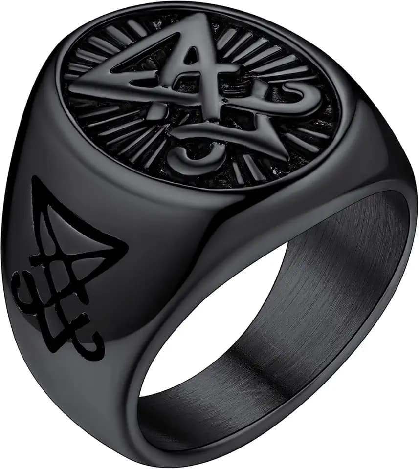 FaithHeart Herren Ring Männer Statementring Siegel von Luzifer Ring Schwarz Punk Siegelring Partnerring Freundschaftsring