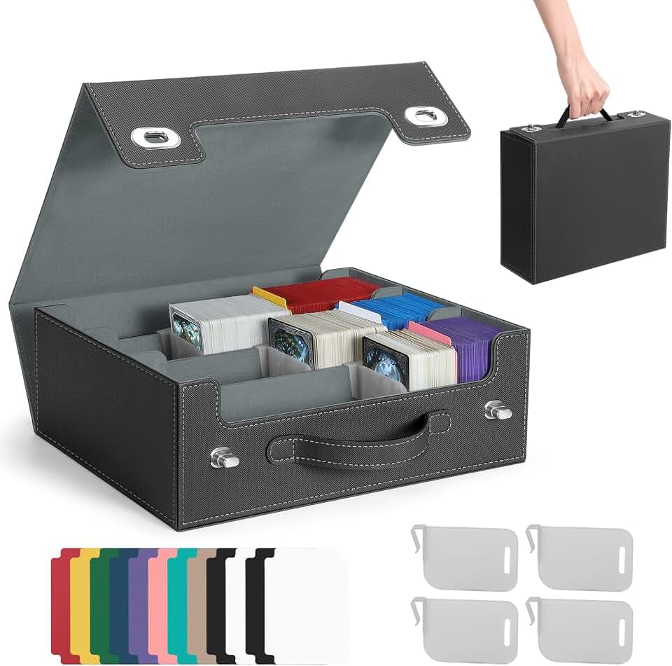Euqvunn Kartenbox mit Griff & Drehverschluss, fasst bis zu 2100 einzeln gesleevte Sammelkarten, inkl. 4 Kartenstützen & 12 Trennern für einfache Organisation, passend für 63 × 88 mm Karten