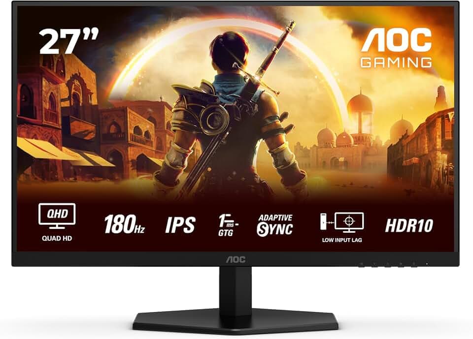 AOC Q27G42XE 27 Zoll WQHD Gaming Monitor, 180Hz, Fast IPS Panel, 1ms GtG, HDR10, G-Sync Compatible, Lautsprecher,(2560x1440 HDMI 2X 2.0 DP 1x 1.4) Schwarz