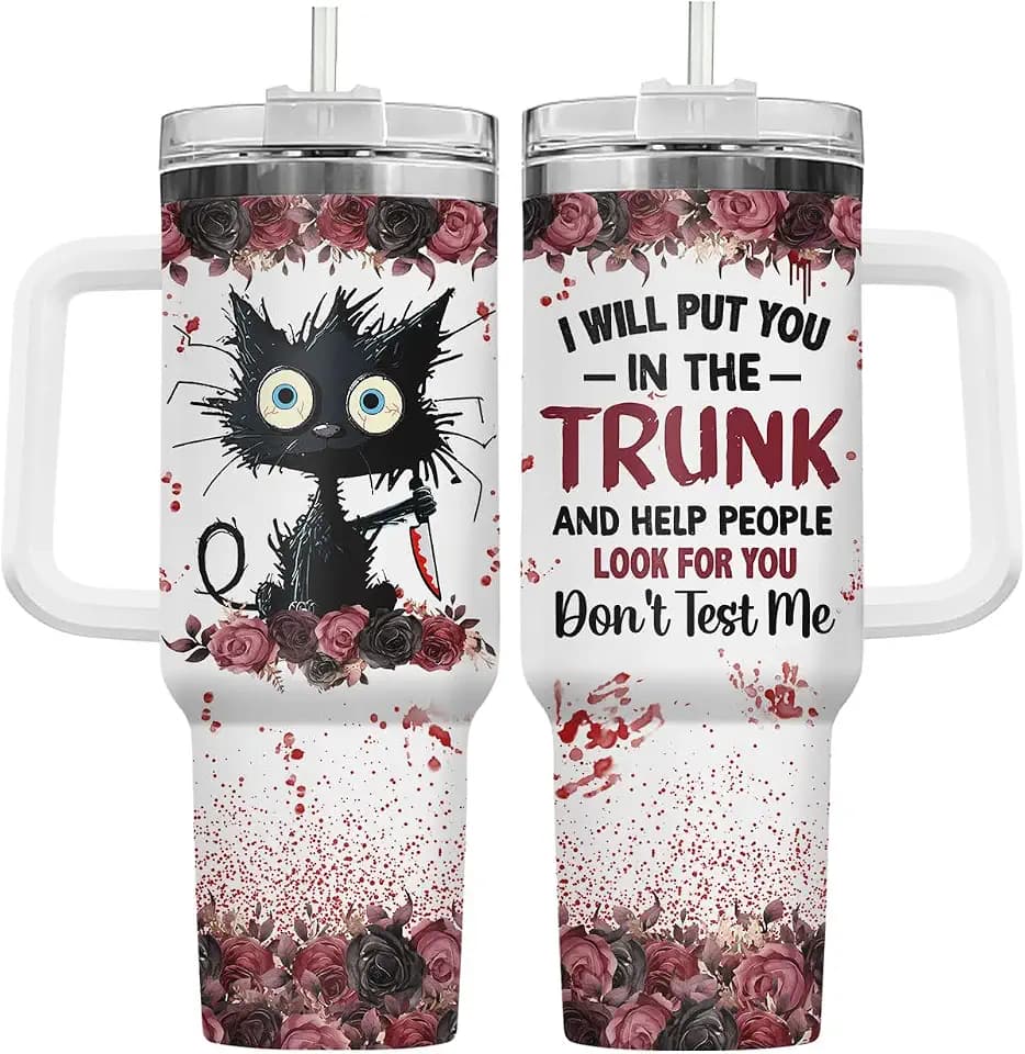 34HD Crazy Cat Put You Trunk Funny 40 oz Tumbler with Handle, Spooky Gift