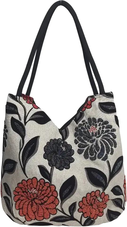 Embroidered Handbags for Women, Large Flower Shoulder Tote Bag with Zipper