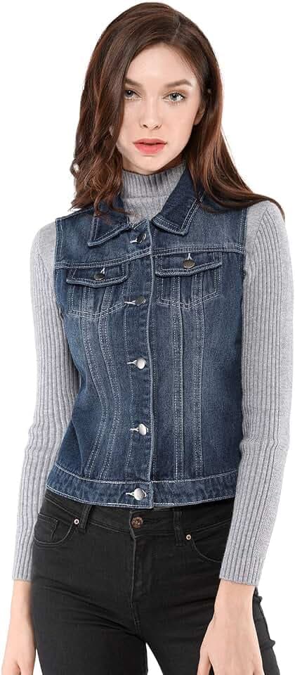 Allegra K Damen Ärmellos Jeansweste Knopfleiste Denim Jacke Weste mit Taschen Causal Jeans Vest