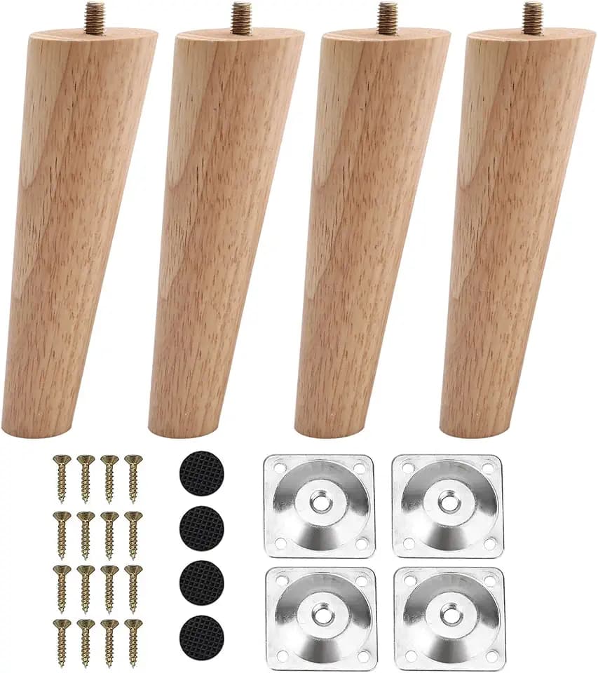 INMOZATA Möbelfüße Holz 4 Stück 15cm Tischbeine Konisch Möbelbeine aus Eiche mit Montageplatten Schrauben und Fußpolster für Schrank Sofa Couchtisch Natürliche Farbe
