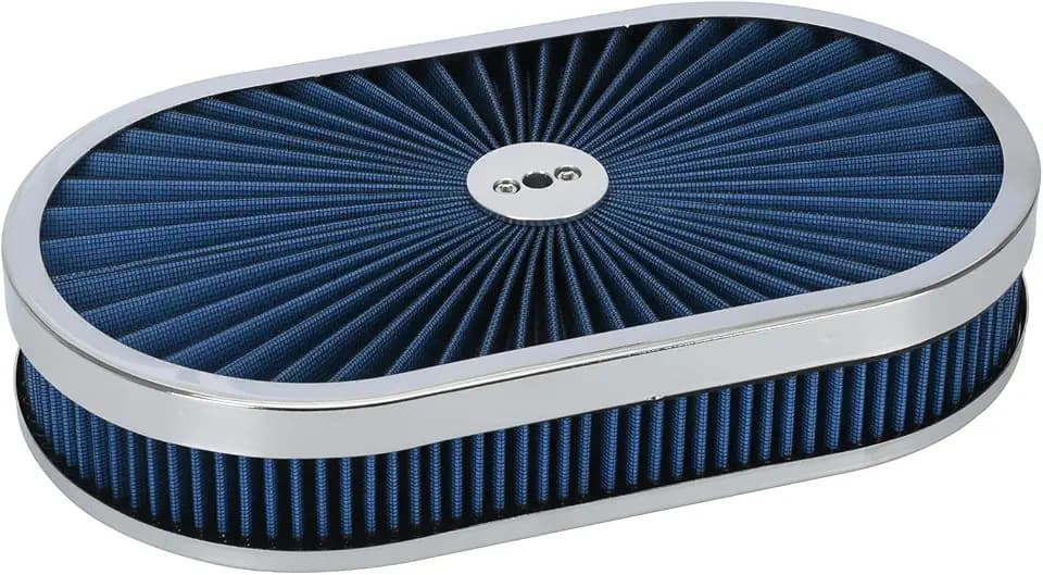 PTNHZ 15"x2" Oval Air Cleaner Filter Assembly 5-1/8" Carb Neck w/Flow-Thru Lid High Flow Chrome Compatible For GMC Chevy Ford Chryler Dodge (Blue)