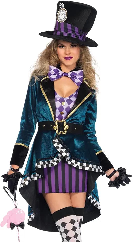 Leg Avenue Mad Hatter Costume with Dress, Jacket, Belt, Bow, Hat