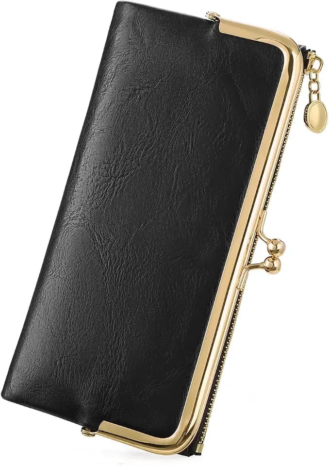 GOIACII Womens Wallet Kiss Lock Bifold Leather Wallets for Women Black