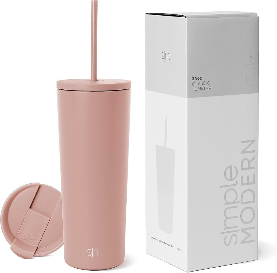 Simple Modern Isolierter Becher mit Strohhalm und Deckel | EiskaffeeBecher Wiederverwendbare EdelstahlWasserflasche Thermobecher | Classic Sammlung | 710ml | Mauve Me