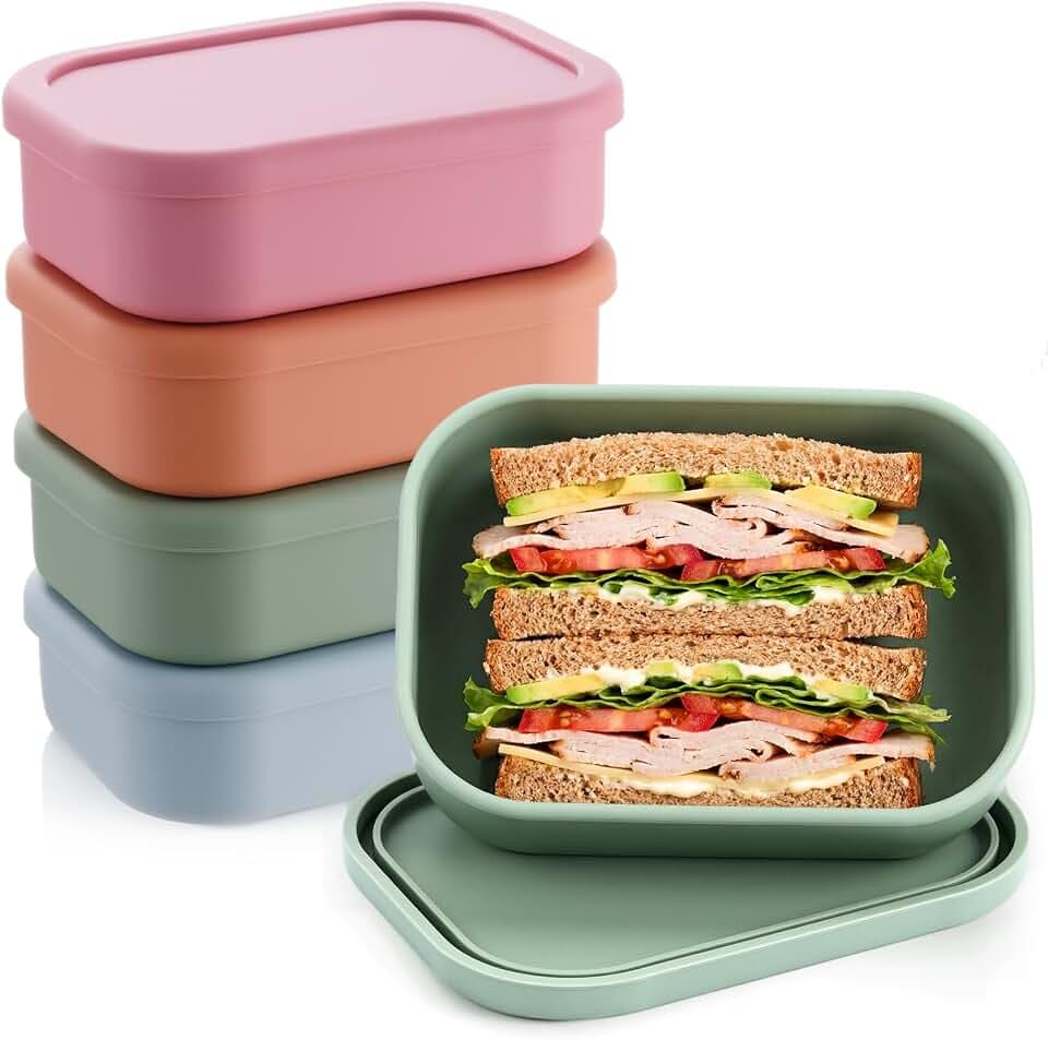 Layhit 4 Pcs Silicone Bento Box Lunch Box, Brick Red Orange Multicolor
