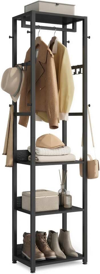 VASAGLE Freestanding Coat Rack, Hall Tree with Shelves, Steel Frame