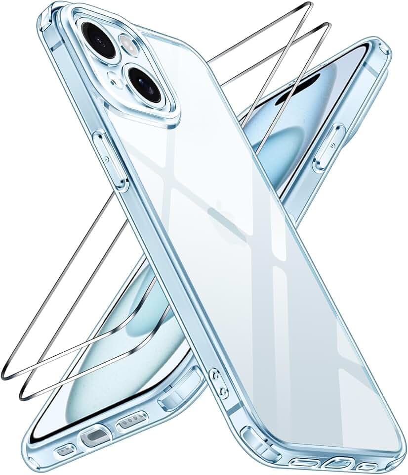 ivoler 3 in 1 Hülle Kompatibel für iPhone 15 6.1 Zoll, mit 2 Stück Panzer Schutz Glas, [Nie Vergilbung] [Kameraschutz] Schutzhülle Anti-Kratzt Transparent Rückseite (Blau)