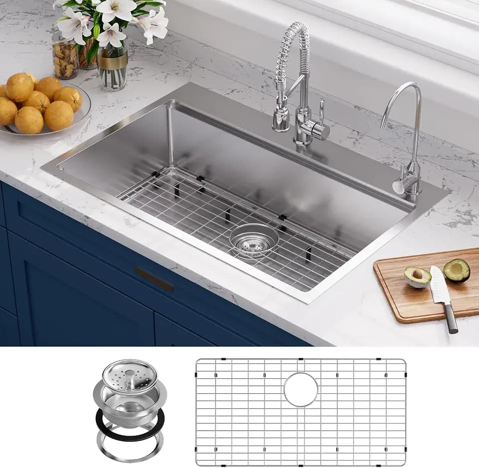 33 Inch Undermount Kitchen Sink - 33x22 Drop-in Kitchen Sinks, 18 Gauge 304 Stainless Steel Workstation Sink, Deep Single Bowl, Dual Mount, Handmade Basin, 9 Inch Deep, Built-In Accessories