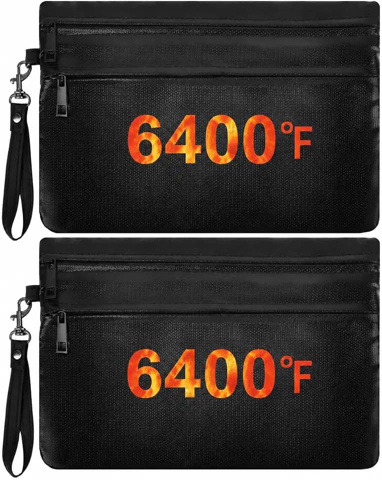 2 Pcs 6400℉ Fireproof Money Bags, 11 × 7.5 Inches Fireproof Cash Wallet with 12 Layers Heat Insulated, Waterproof Fire Safe Bag with Double Zipper Pockets for Cash, Passport and Credit Cards(Black)